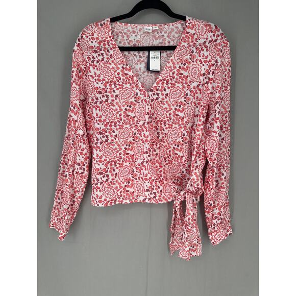 Gap Top Womens Small Red Floral Linen Wrap Long Sleeve Bohemian Cottage Boho - Picture 1 of 6